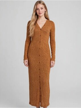 House of Lancry Button-Front Ribbed Maxi Dress in Camel Brown